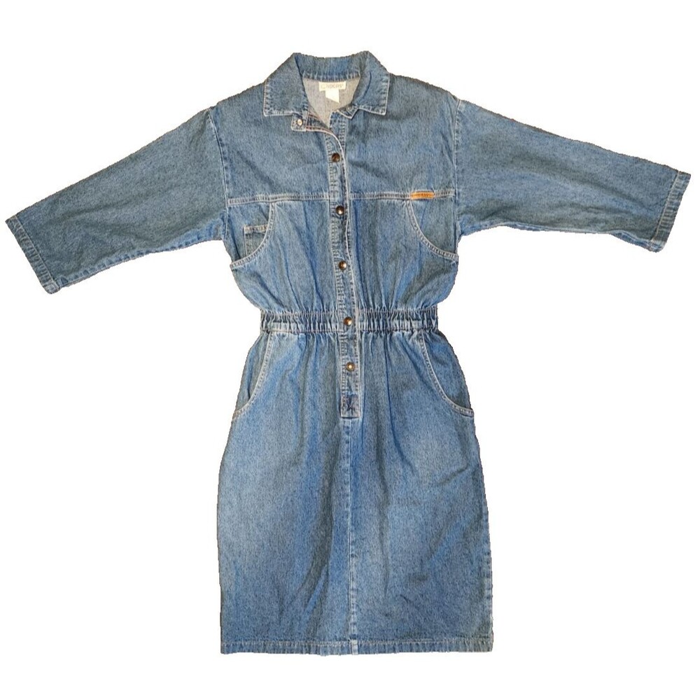 IDEAS Denim Romper Jumpsuit Medium Blue Jean Boiler Suit 3/4 Sleeve VTG 80s 90s